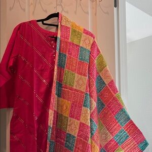 Indian Pink Dress XL sequin work multi color dupatta